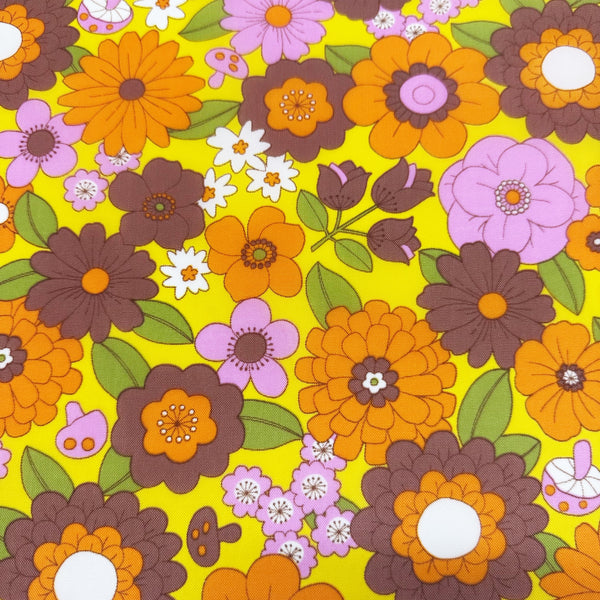 70s design Flower Days Nylon Fabric, Groovy Retro Orange Brown Flower Power Print, Imported From Japan