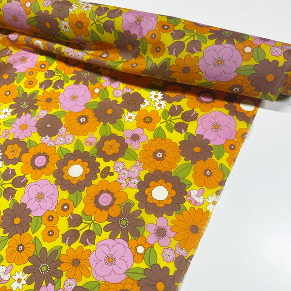 70s design Flower Days Nylon Fabric, Groovy Retro Orange Brown Flower Power Print, Imported From Japan