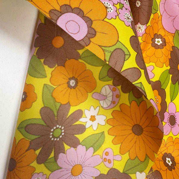 70s design Flower Days Nylon Fabric, Groovy Retro Orange Brown Flower Power Print, Imported From Japan