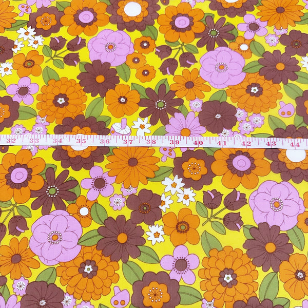 70s design Flower Days Nylon Fabric, Groovy Retro Orange Brown Flower Power Print, Imported From Japan