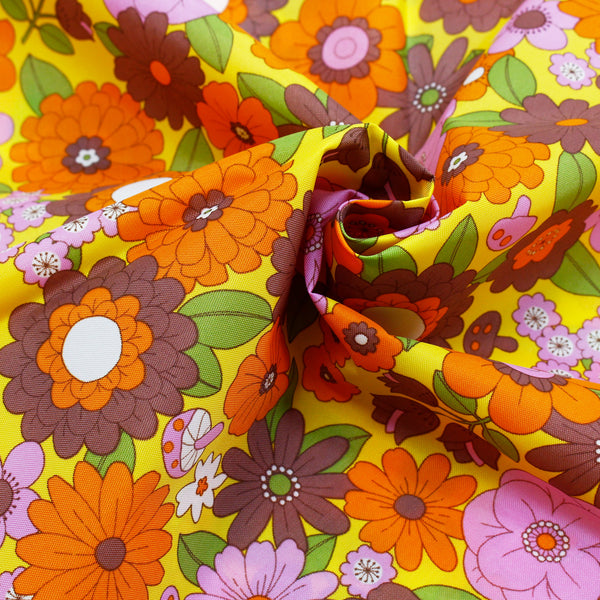 70s design Flower Days Nylon Fabric, Groovy Retro Orange Brown Flower Power Print, Imported From Japan