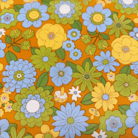 70s design Flower Days Nylon Fabric, Groovy Retro Orange Flower Power Print, Imported From Japan