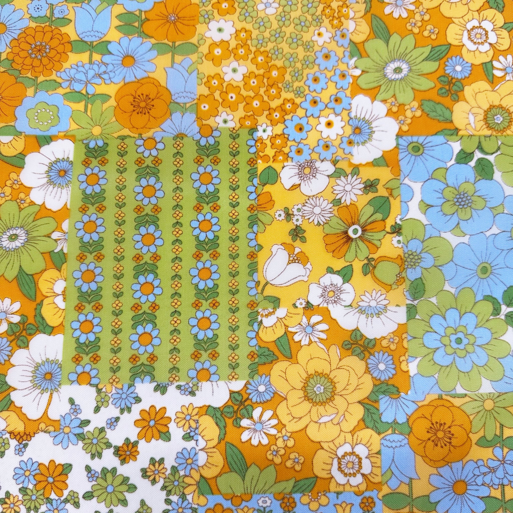 70s design Flower Days Nylon Fabric, Groovy Retro Orange Patchwork Flower Print, Imported From Japan