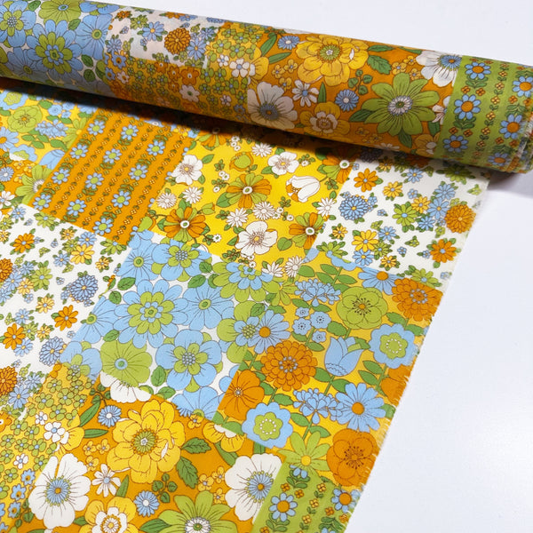 70s design Flower Days Nylon Fabric, Groovy Retro Orange Patchwork Flower Print, Imported From Japan