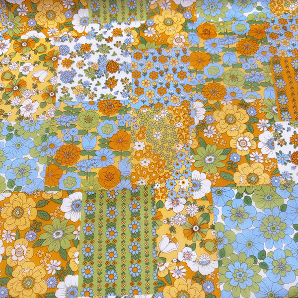 70s design Flower Days Nylon Fabric, Groovy Retro Orange Patchwork Flower Print, Imported From Japan