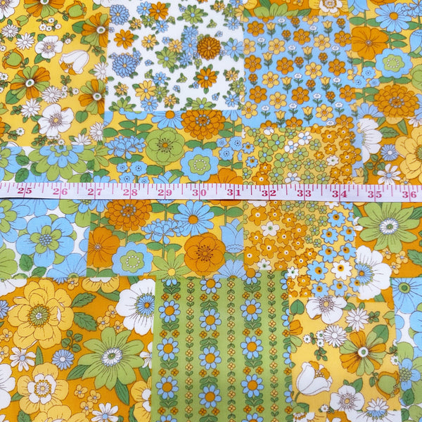 70s design Flower Days Nylon Fabric, Groovy Retro Orange Patchwork Flower Print, Imported From Japan
