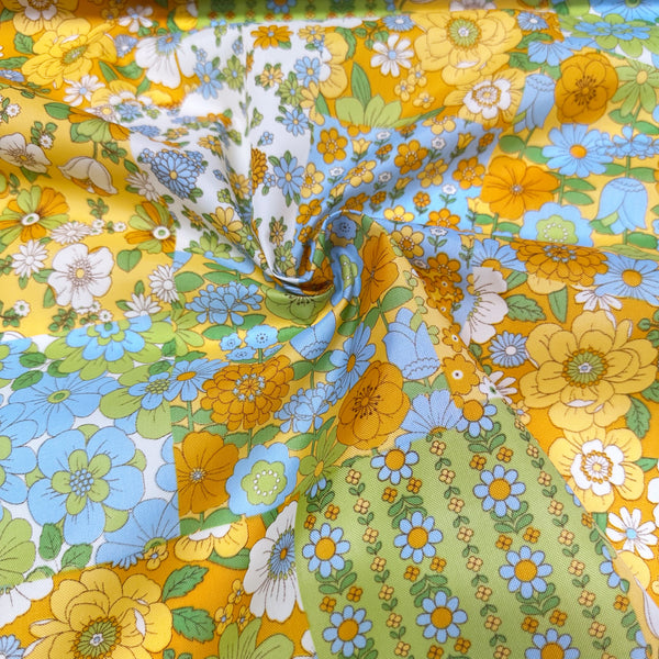 70s design Flower Days Nylon Fabric, Groovy Retro Orange Patchwork Flower Print, Imported From Japan