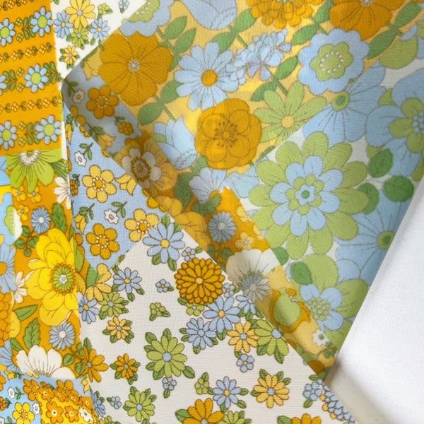 70s design Flower Days Nylon Fabric, Groovy Retro Orange Patchwork Flower Print, Imported From Japan