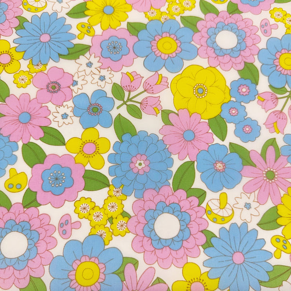 70s design Flower Days Nylon Fabric, Groovy Retro White Multi Flower Power Print, Imported From Japan
