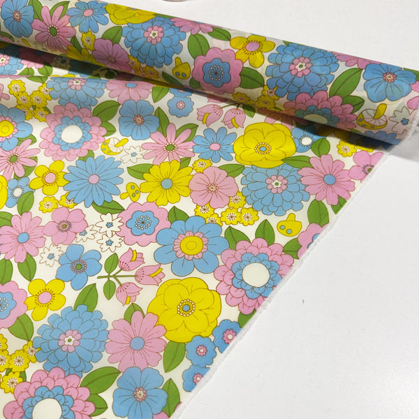 70s design Flower Days Nylon Fabric, Groovy Retro White Multi Flower Power Print, Imported From Japan