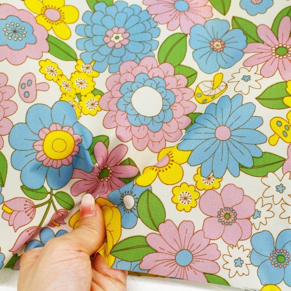 70s design Flower Days Nylon Fabric, Groovy Retro White Multi Flower Power Print, Imported From Japan