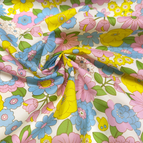 70s design Flower Days Nylon Fabric, Groovy Retro White Multi Flower Power Print, Imported From Japan