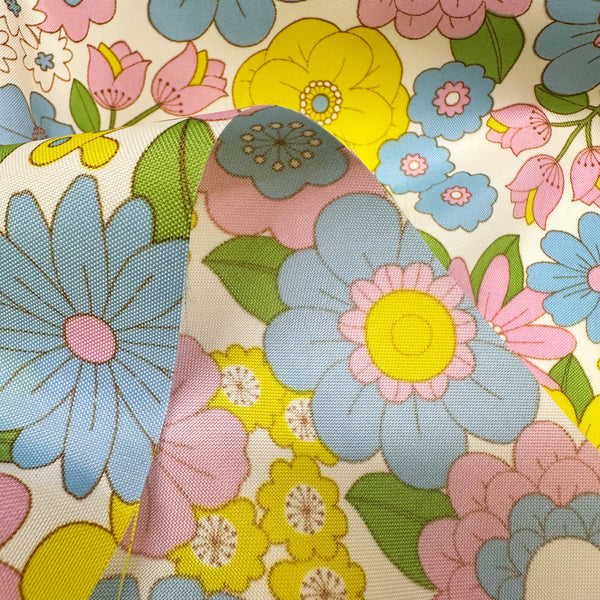 70s design Flower Days Nylon Fabric, Groovy Retro White Multi Flower Power Print, Imported From Japan