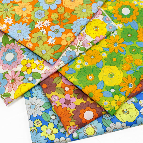 70s design Flower Days Nylon Fabric, Groovy Retro Blue Flower Power Print, Imported From Japan