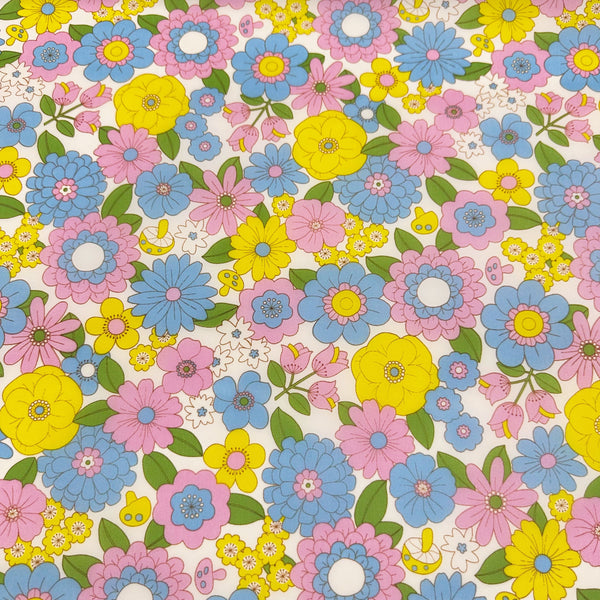 70s design Flower Days Nylon Fabric, Groovy Retro White Multi Flower Power Print, Imported From Japan
