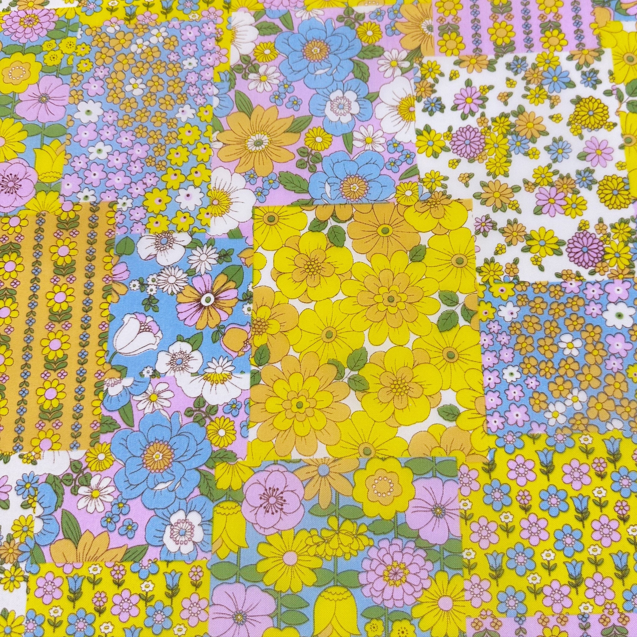 70s design Flower Days Nylon Fabric, Groovy Retro White Multi Patchwork Flower Print, Imported From Japan