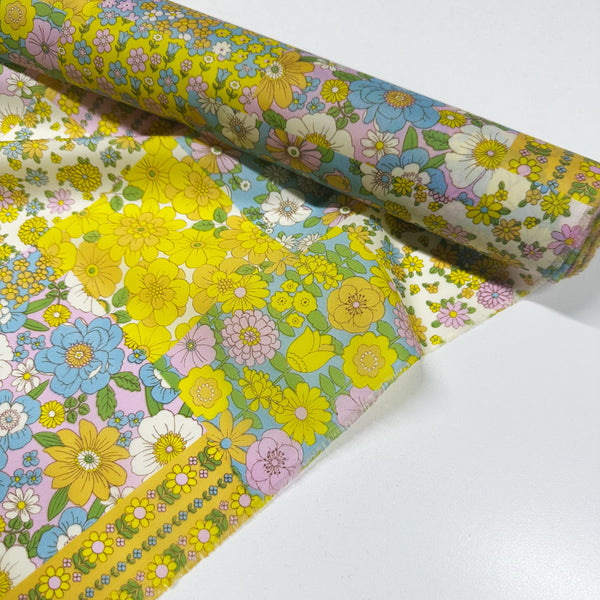 70s design Flower Days Nylon Fabric, Groovy Retro White Multi Patchwork Flower Print, Imported From Japan