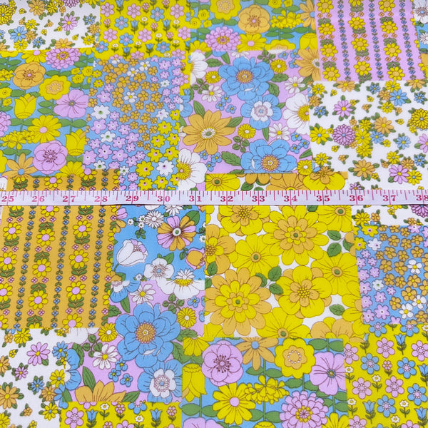 70s design Flower Days Nylon Fabric, Groovy Retro White Multi Patchwork Flower Print, Imported From Japan