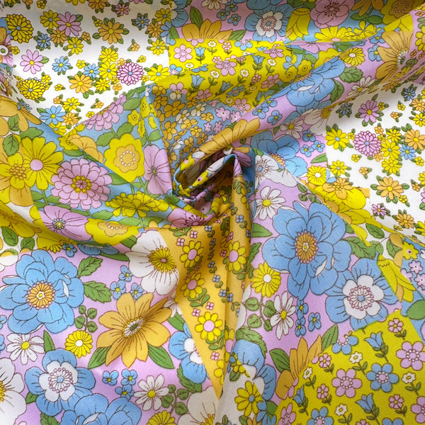 70s design Flower Days Nylon Fabric, Groovy Retro White Multi Patchwork Flower Print, Imported From Japan
