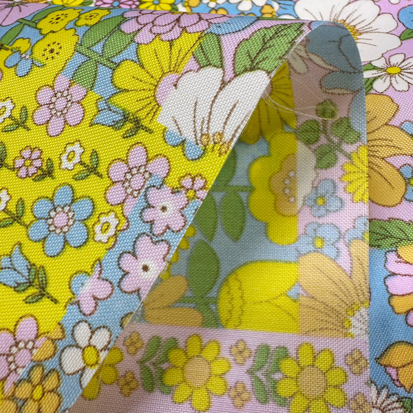 70s design Flower Days Nylon Fabric, Groovy Retro White Multi Patchwork Flower Print, Imported From Japan