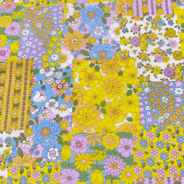 70s design Flower Days Nylon Fabric, Groovy Retro White Multi Patchwork Flower Print, Imported From Japan