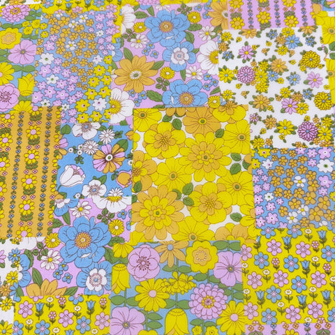 70s design Flower Days Nylon Fabric, Groovy Retro White Multi Patchwork Flower Print, Imported From Japan