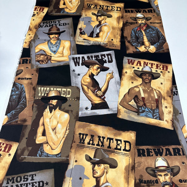 Wanted Sexy Outlaws Pin Up Men Cotton Fabric by Alexander Henry, Black