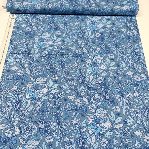 Peonies Tonal Blue Organic Cotton Poplin Fabric Bountiful by Mustard Beetle, Birch Fabrics MBH-11-BLUE