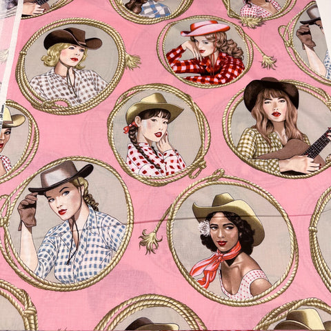 Alexander Henry Country Girl Pink Cotton Fabric, Western Pin-up Country Fabric