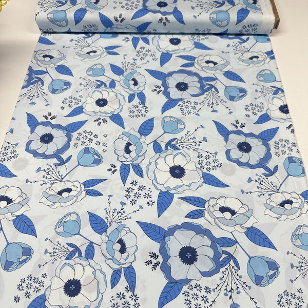 True Blue Sprinkled Peonies Azul by Maureen Cracknell Cotton Fabric, AGF Art Gallery Fabrics TBL89503