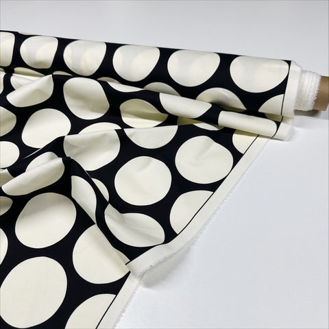 Black White Jumbo Polka Dot Stretch Cotton Twill Apparel Fabric, Made In Italy