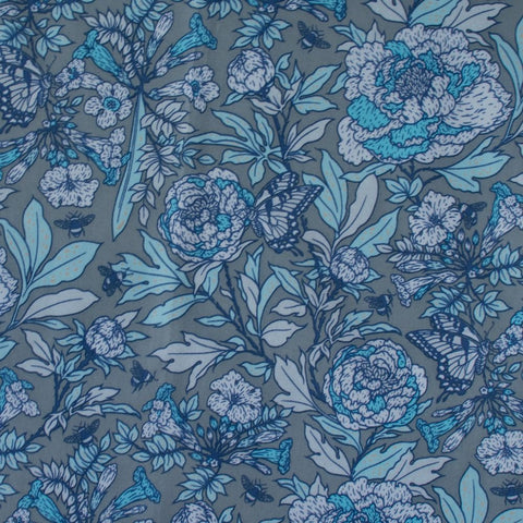 Peonies Tonal Blue Organic Cotton Poplin Fabric Bountiful by Mustard Beetle, Birch Fabrics MBH-11-BLUE