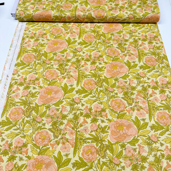 Peonies Dew Organic Cotton Poplin Fabric Bountiful by Mustard Beetle, Birch Fabrics MBH-11-DEW