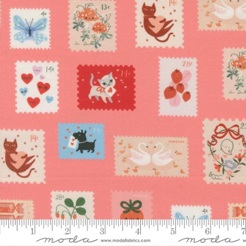 Funny Valentine Stamps in Coral By Lizzy House, Kitty Cats 37143 14 Moda Fabric