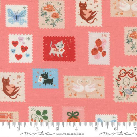 Funny Valentine Stamps in Coral By Lizzy House, Kitty Cats 37143 14 Moda Fabric