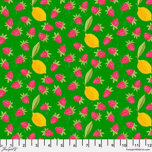 Summer Love Strawberry Lemonade in Green Fabric by Cora Dantini, Free Spirit Fabrics