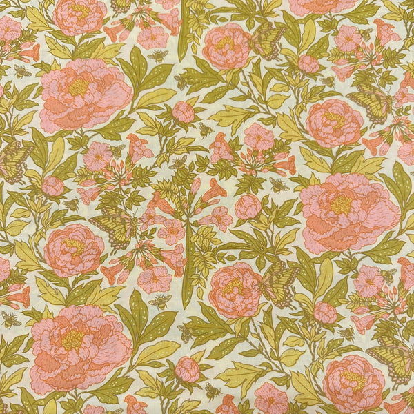 Peonies Dew Organic Cotton Poplin Fabric Bountiful by Mustard Beetle, Birch Fabrics MBH-11-DEW