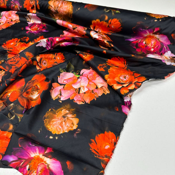 Digitally Printed Vibrant Floral Printed Italian Stretch Cotton Sateen Fabric, Made In Italy, Photo Real Apparel Fabric