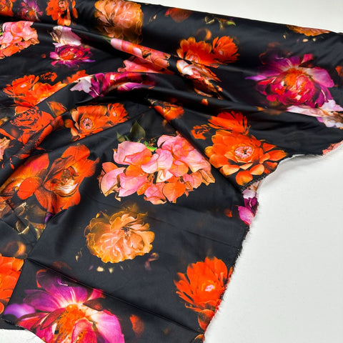 Digitally Printed Vibrant Floral Printed Italian Stretch Cotton Sateen Fabric, Made In Italy, Photo Real Apparel Fabric