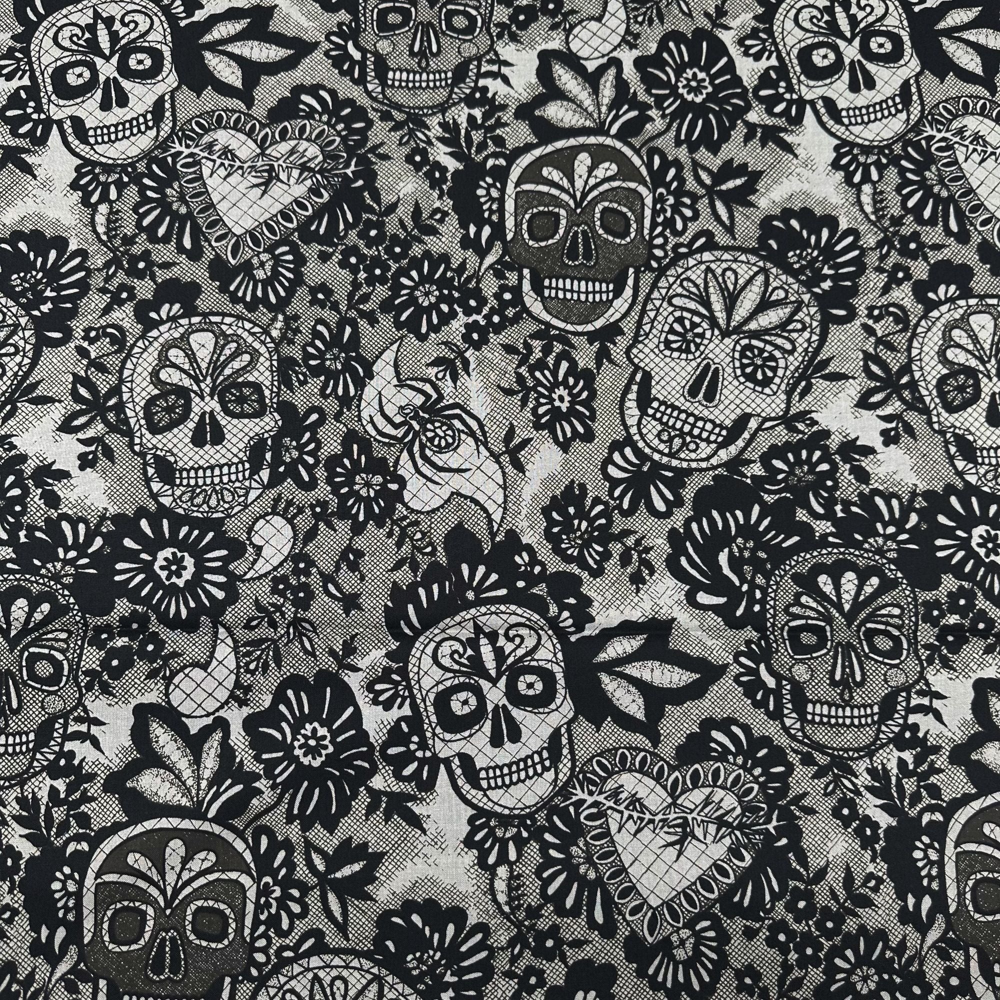 Alexander Henry Darkly Delicate Charcoal Sugar Skulls Cotton Fabric