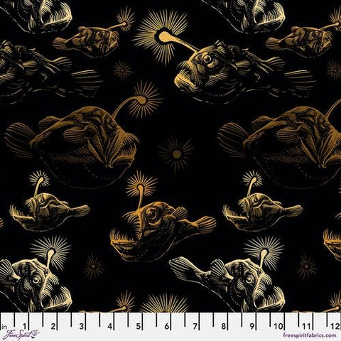 Mariana Anglers Abound in Black Cotton Fabric by Rachel Hauer, Free Spirit Fabrics