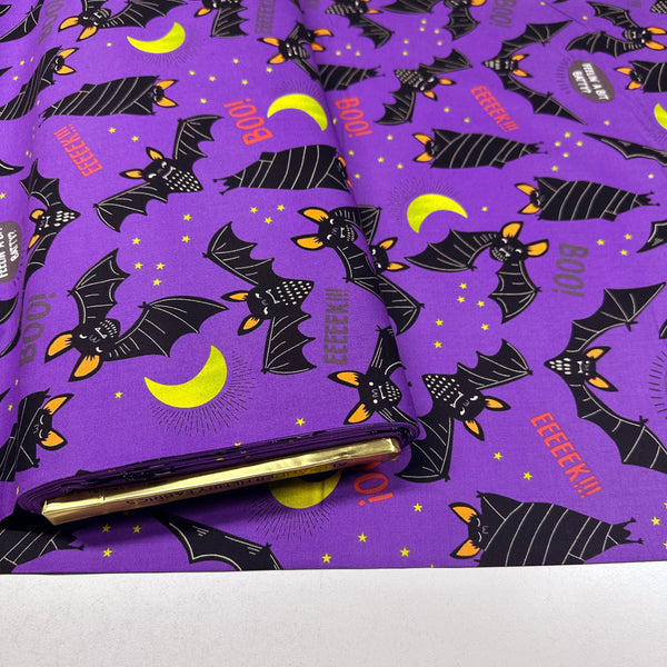 Alexander Henry Boo Bats Cotton Fabric 8974 Halloween Print , Purple