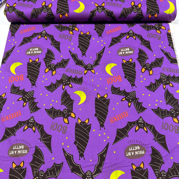 Alexander Henry Boo Bats Cotton Fabric 8974 Halloween Print , Purple