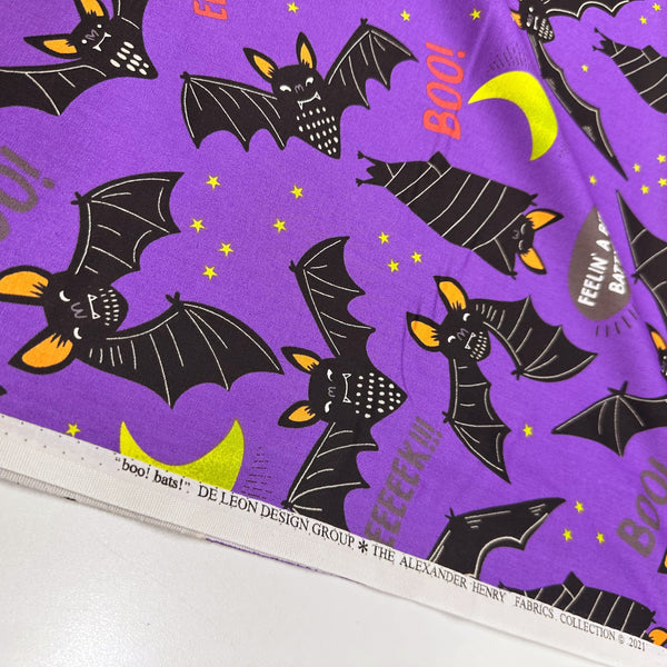 Alexander Henry Boo Bats Cotton Fabric 8974 Halloween Print , Purple