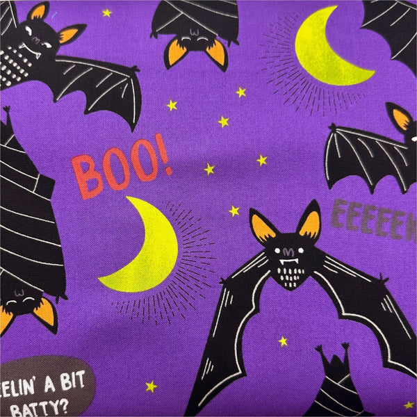 Alexander Henry Boo Bats Cotton Fabric 8974 Halloween Print , Purple