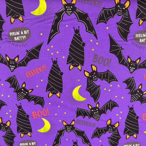 Alexander Henry Boo Bats Cotton Fabric 8974 Halloween Print , Purple