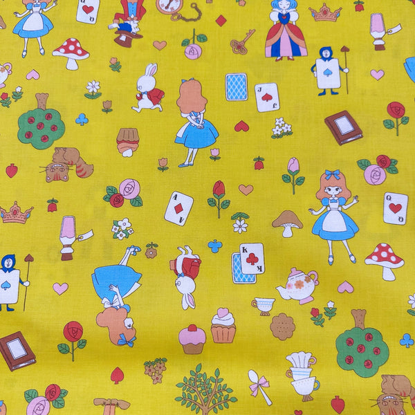 Alice In Wonderland Cotton Fabric by Saori Oguchi, Imported from Japan, Yellow