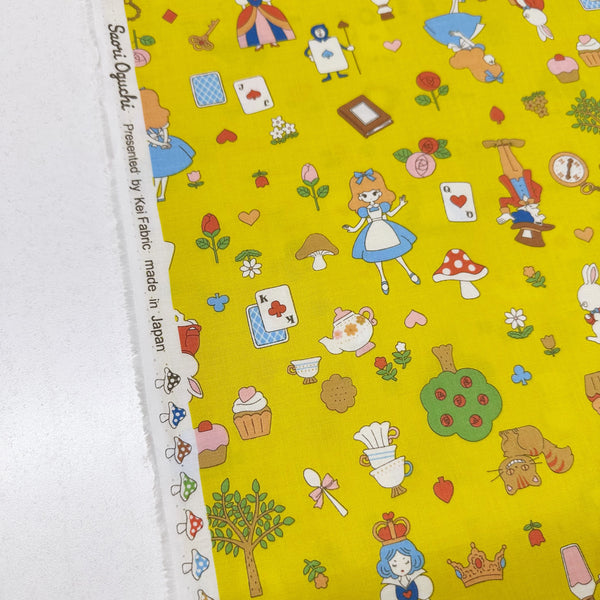 Alice In Wonderland Cotton Fabric by Saori Oguchi, Imported from Japan, Yellow
