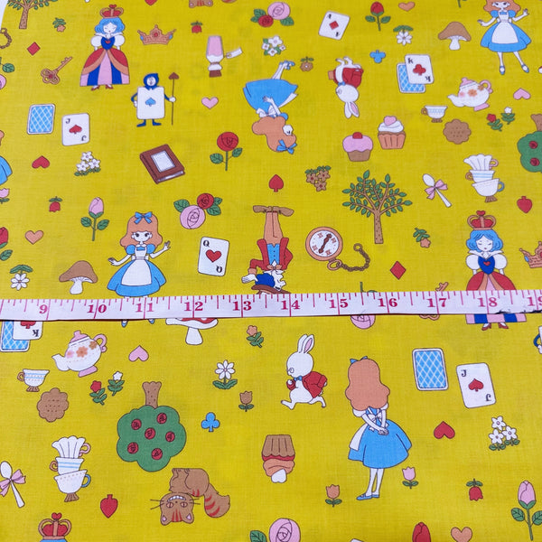 Alice In Wonderland Cotton Fabric by Saori Oguchi, Imported from Japan, Yellow