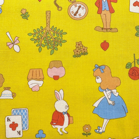 Alice In Wonderland Cotton Fabric by Saori Oguchi, Imported from Japan, Yellow